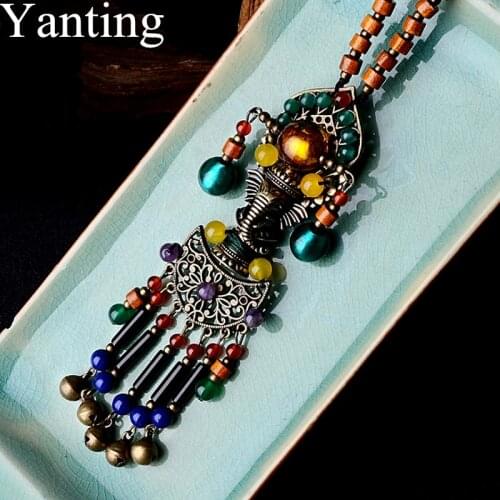 Yanting Bohemia Long Pendant Necklace Women Copper Alloy Elephant Natural Stone Sweater Chain Ethnic Boho Statement Necklace 042