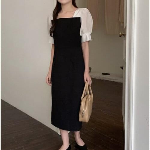 2021 New Women Summer Elegant Patchwork Long Black Dress Puff Sleeve Square Collar Vintage Slim Fit Sundress