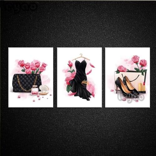 Diamond painting 3 pieces Fashion lady art,black handbag,pink perfume cosmetics hung for girl gift bedroom makeup room decor