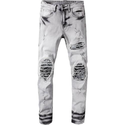 New smoky gray jeans trendy mens male fashion casual heavy washable hole patch slim fit denim pants trousers