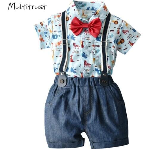 2020 Gentleman Boys Clothes Set 3PCS Bow Tie Animal Print Short Sleeve Single Breasted Romper/Shorts Bib Overalls Shorts