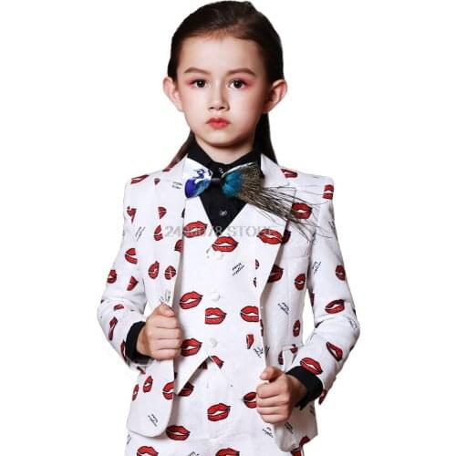 Girls Luxurious Wedding Suit Kids Noble Lips Jacket Vest Pants 3Pcs Party Dress Children Piano Stage Show Performance Costume