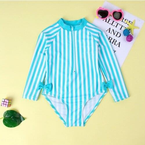Summer Toddler Baby Girls Cyan Stripes One-piece Swimsuit Long Sleeve Sun Protection Swimwear Quick Dry Swimming Clothes 3-6Y