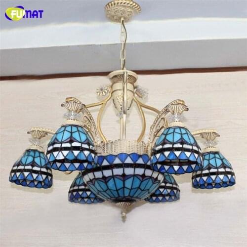 FUMAT Tiffany Chandeliers Blue Stained Glass Pendant Lamp Mediterranean Art Home Deco Pendent Chandelier Lighting Fixture Light