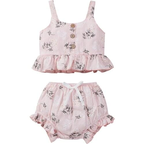 Cute Kids Girls Floral Outfits Summer Infant Baby Clothes 2Pieces Sleeveless Straps Ruffles Tank Tops+Bow Shorts Girl Wear 1-5Y