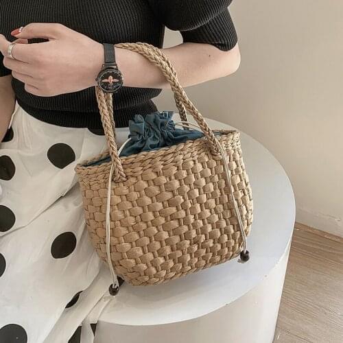 Fashion Drawstring woven Straw Purses HandBags for Women Shoulder Bag 2021 New Summer Beach Casual Totes Qualited