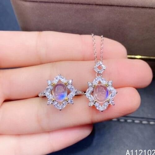 KJJEAXCMY fine Jewelry 925 sterling silver inlaid natural Moonstone girl luxury pendant ring set support test Chinese style