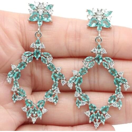 55x25mm Deluxe Long Big Created Red Blood Ruby White CZ Party Womans Wedding Party DatingSilver Earrings