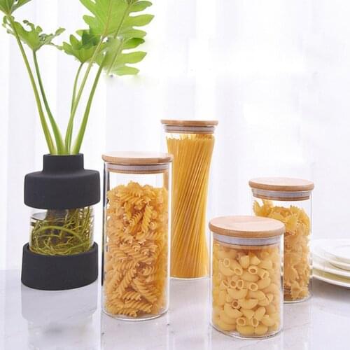 4 Size Newest Arrival Food Holder Transparent Box Nut Flavor Storage Sealed Silicone Wood Lid Glass Bottle Organization