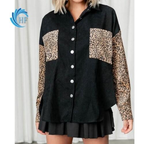 2021 Autumn New Top Twill Leopard Jacket Ptitching Women Shirt Loose Shirt Single-breast Coat Caual T-Shirt Lady Fashion Blouses