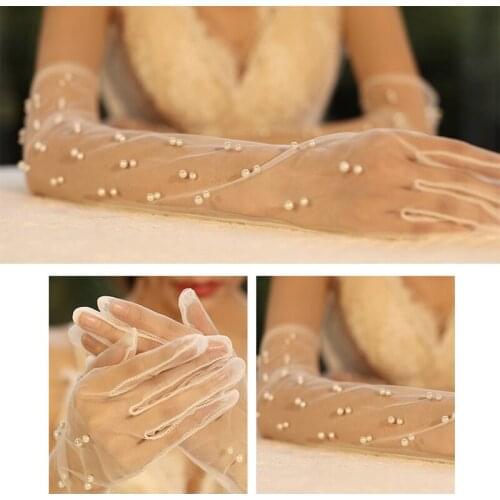 667E Bridal Gloves White Tulle with Pearls Opera Party Long Gloves 22" Elbow Length Wedding Sheer Gloves for Banquet
