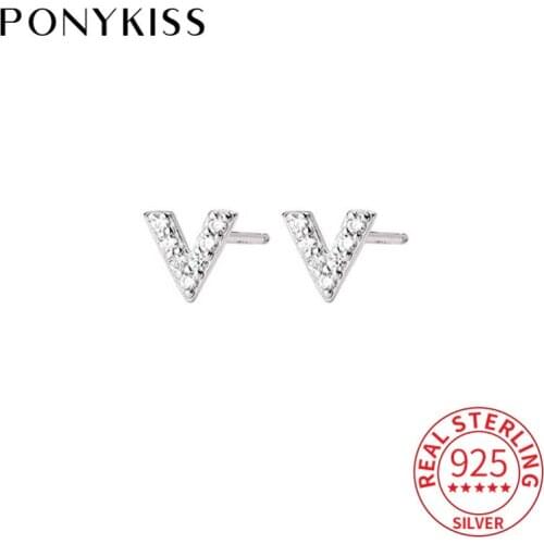 PONYKISS Genuine 925 Sterling Silver Letter V Zircon Stud Earrings Classic Women Party Fine Accessory Jewelry Girls Gift