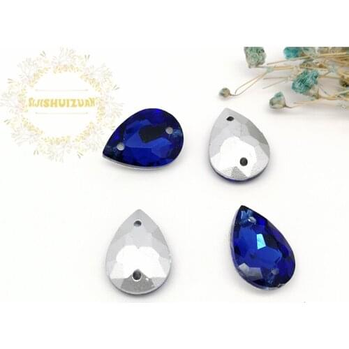 Sapphire blue water-drop shape Glass Crystal sew on rhinestones with two holes Diy wedding dress accessories Free shipping