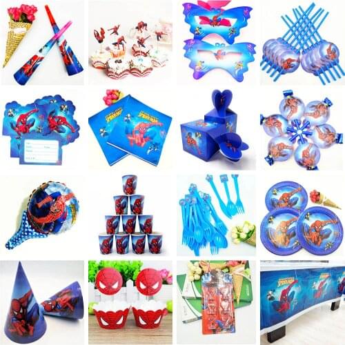 Spiderman Party Supplies Baby Cup Tablecloth Invitation Cards Balloons Cake Topper Kids Birthday Party Decorations Childrens PS