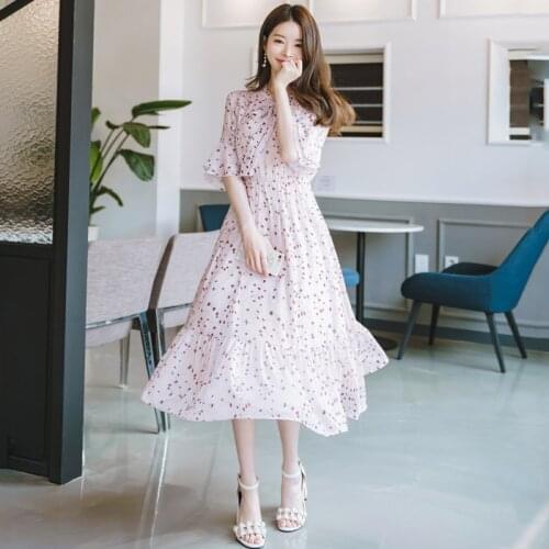 Vintage Summer Floral Chiffon Boho Midi Dress 2021 Plus Size Elegant Women Chic Dresses Party Korean Casual Beach Pink Vestidos