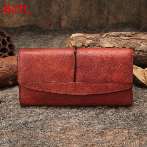 Vintage Leather Long Wallet Womens New Leather Card Holder Wallet Female Clutch Genuine Leather Purse Original Cow Leather 10cm