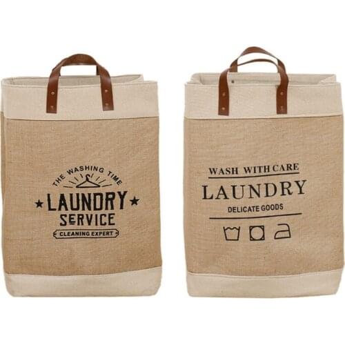 Large Capacity Jute Tote Soft Leather Handles Collapsible Laundry Basket Portable Foldable Handbag Reusable Shopping Bags