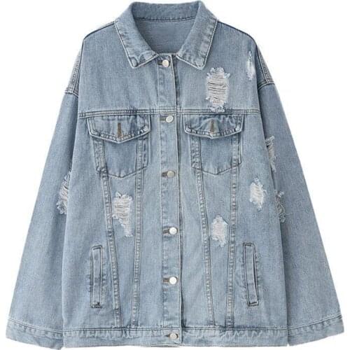 2021 New Large size Single-breasted Womens Denim Jacket Women Jacket Spring Autumn Loose Fashion Hole Denim Jacket JK173