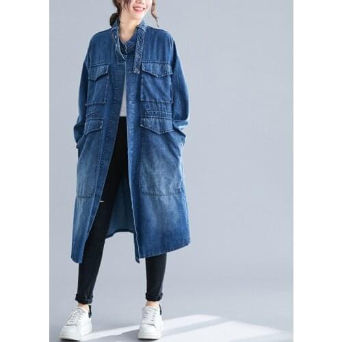 Plus size Denim Windbreaker Womens Grinding White washed Mid-length 2020 New Autumn Overcoat Button Cardigan Trench coat Female
