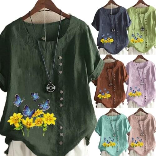 Womens Fashion Summer New Floral Printed Short Sleeve T-shirt Casual Round Neck Tops Loose Solid Color Blouse