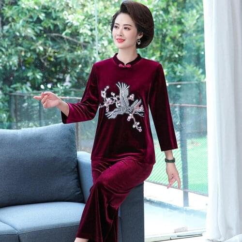Women Velvet Spring Autumn Mother Clothes Vintage embroidery crane top Jacket+Trousers Two-piece Velvet Suit Plus Size 5XL Pants