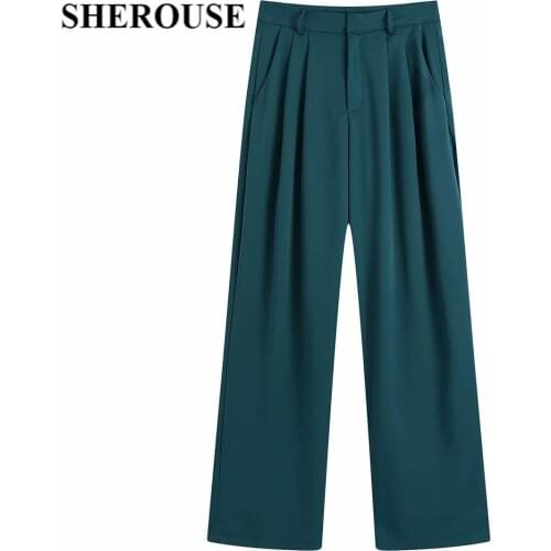 SHEROUSE Women Fashion Front Zipper Solid Pants Vintage Hight-Waist Elastic Waist Casual Female Trousers Chic Pant