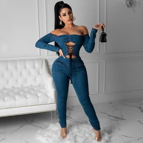 Sexy Hollow Out Off Shoulder Backless Bandage Jumpsuit Women Casual Long Sleeve Jeans Jumpsuit Woman Party Club Denim Bodysuit