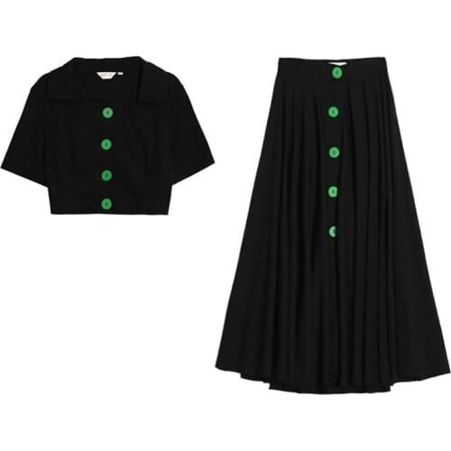 PERHAPS U Black Solid Short Sleeve Turn Down Collar Shirt Short Cropped Midi Skirt Two Piece Set Summer Women Green Button T0252