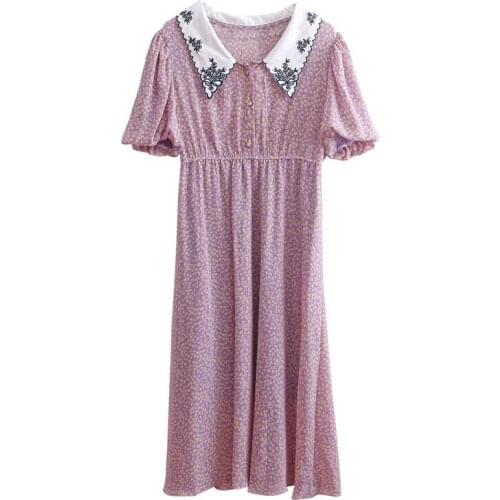 PERHAPS U Women Purple Black Floral Flower Print Peter Pan Collar Embroidery Puff Short Sleeve Summer Vocation Midi Dress D2691