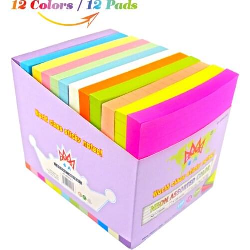 4A Sticky Notes,4 x 4 Inches,Neon Assorted,Lined,12 Colors,Self-Stick Notes,100 Sheets/Pad,12 Pads/Pack,4A 40412-L