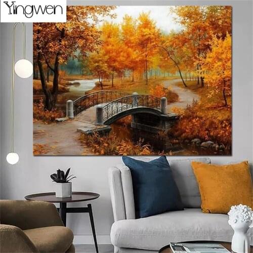 5D DIY Diamond Painting Autumn Natural Scenery Arch Bridge Picture Cross Stitch Kits Needlework Embroidery Art Handicraft Gift