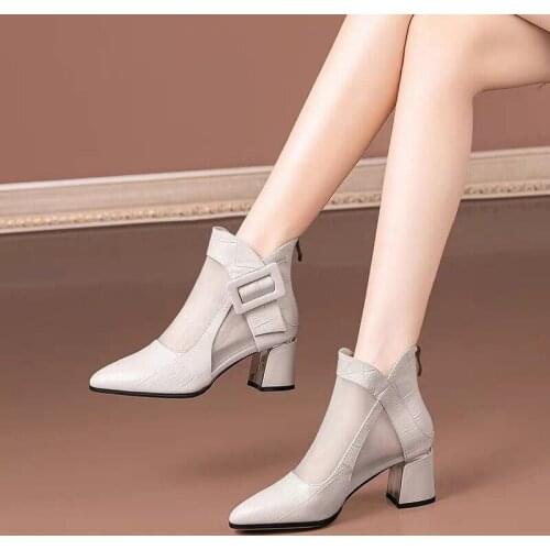 SONDR Spring Sexy Mesh Sandals Boots Women Pointed Toes High Heeled Summer Heels Square Heel Shoes Woman Hollow Out Female