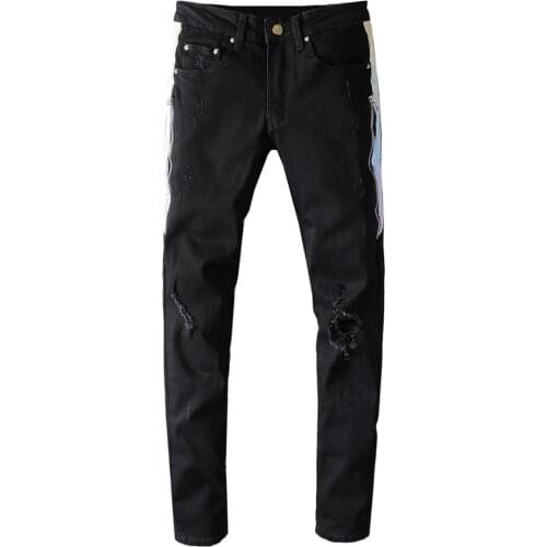 New mens male trousers street fashion brand autumn black ripped jeans mens trim stretch slim slimming denim pants