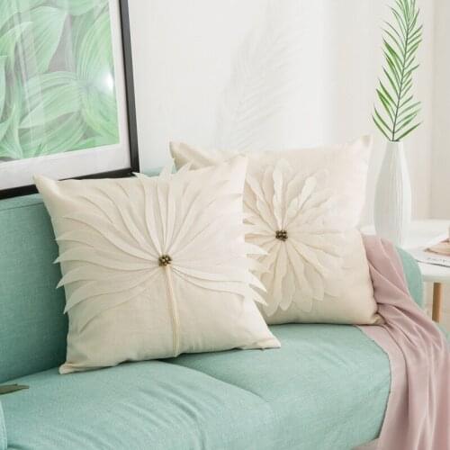 Handmade 3D White Embroidery Flower Cushion Cover Petal Flax Cell Nordic Simple Home Decor Girl Bedroom Bedside Pillow Cases