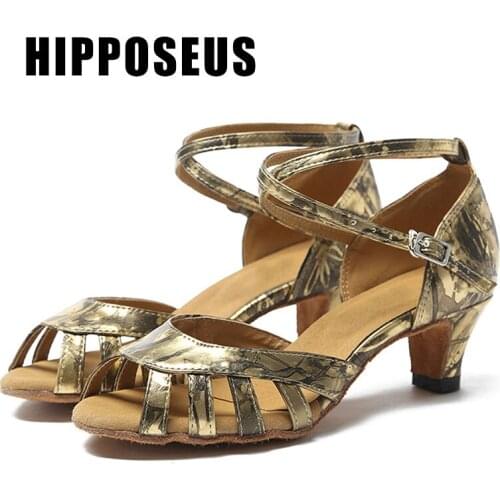 HIPPOSEUS Dance-Shoes For Girls Women Ladies Ballroom Latin Tango Jazz Dancing Shoes Sequined PU Gold/Silver Heel Salsa Sandals