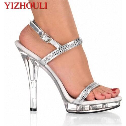 Beautiful dress high heels 13 cm sexy crystal platform pole dancing silver belt wedding shoes