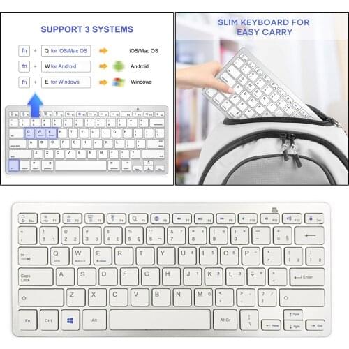 Mini Portuguese 78 Keys Wireless Bluetooth Keyboard Silver for iPad Tablet PC, Energy-saving