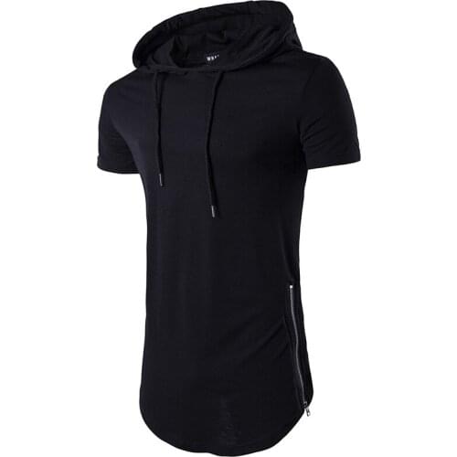 T Shirt Men New Summer Mens Double-zipper High Street Hip Hop Long Hooded Short Sleeve T-shirt