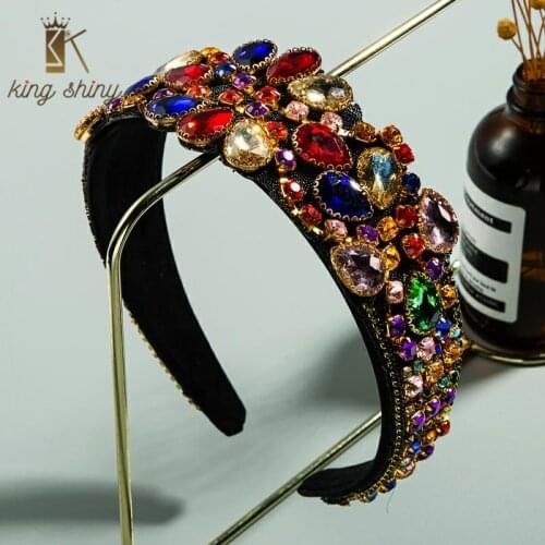 Elegant Baroque Colorful Water Drop Wide Headband for Woman Vintage Multi Color Rhinestone Hairband Woman Party Hair Accessories