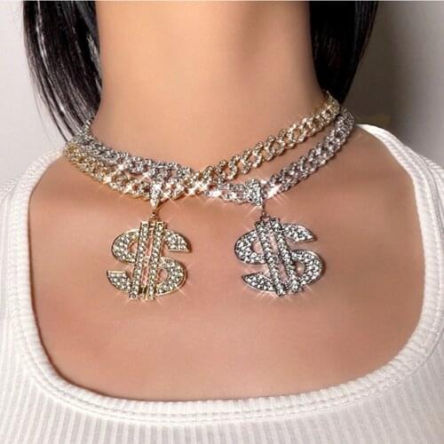Luxury Rhinestone Dollar Pendant Necklace For Women Men Bling Gold Silver Color Crystal Cuban Choker Punk Hip hop Party Jewely