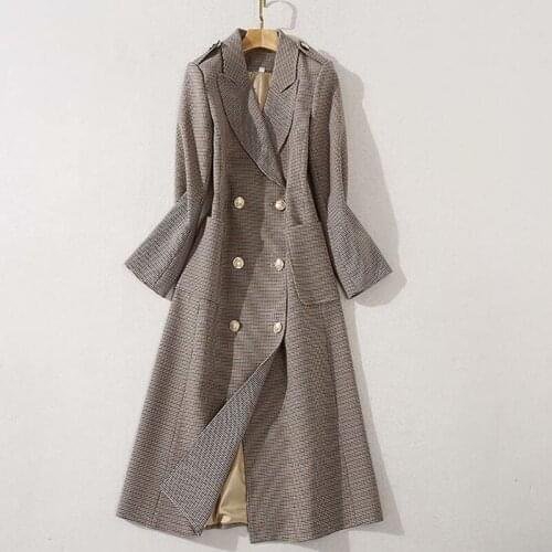 Sale High Quality Nice Newest Runway Coat Womens Notched Long Sleeve Pockets Lion Buttons Houndstooth Wool Long coat
