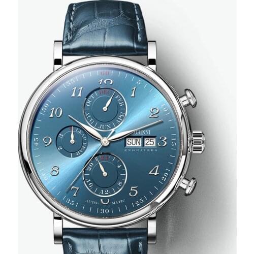 Luxury Brand Switzerland LOBINNI Men Watches Perpetual Calender Auto Mechanical Mens Clock Sapphire Leather relogio L13019-9
