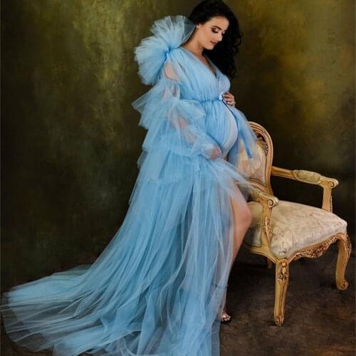 Blue Maternity Dresses Ruffles One Long Sleeve Maternity Gown for Photoshoot Boudoir Lingerie Bathrobe Nightwear Baby Shower
