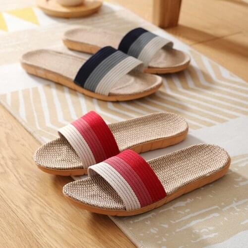 Summer Men Home Non-Slip Shoes Womens Linen Slides Couple Light Comfortable Slippers Ladies Flax Flip Flops Unisex Soft Sandals