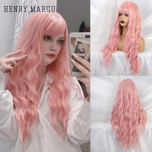 HENRY MARGU Light Pink Wigs Synthetic With Bangs Long Wavy Natural Hair Wigs Party Cosplay Wigs for Women Heat Resistant
