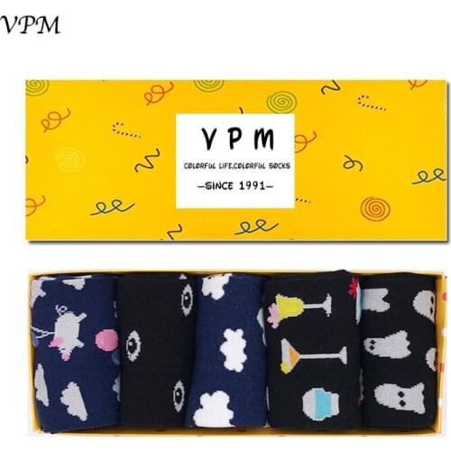 VPM Womens Crew Socks Funny Cool Street Black Pig Eye Japanese Novelty Harajuku Sock for Girl Gift Box (5 pairs / lot )