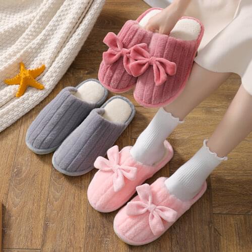 FZNYL Japanese Couple Winter Slippers New 2021 High Quality Sweet Cute Bow Warm Plush Flat With Indoor Non-slip Fluffy Shoes