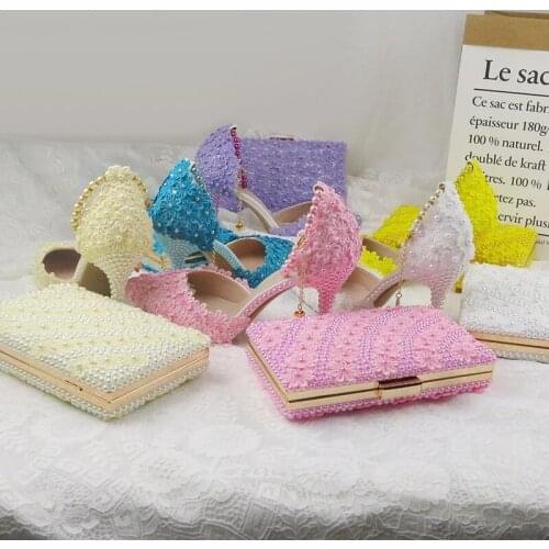 2021 Yellow Peal Lace Flower Ladies Party Dress Shoes And Bag Womens Sandals Bride Wedding Shoes Pointed Toe Ankle Strap Pumps