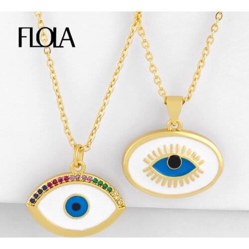 FLOLA Crystal Blue Evil Eye Necklaces For Women Gold Filled Enamel Necklaces Pendant Turkish Eye Women Jewelry olho grego nkeq39