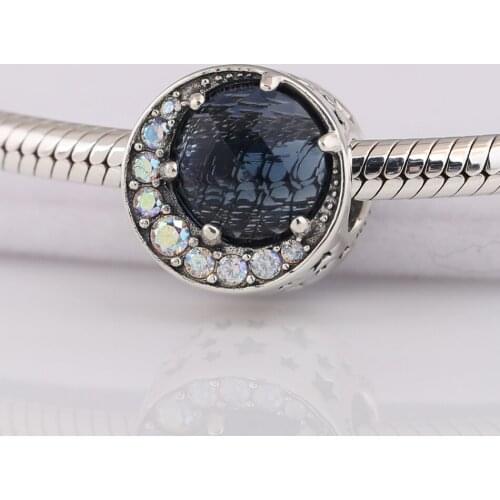 Radiant Blue & Clear CZ Moon Charm fit Lady Bracelet Bangle S925 Bead DIY Jewelry